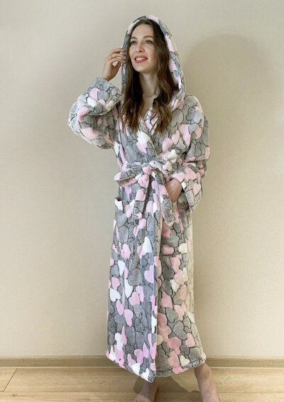 Халат флісовий з капюшоном - ХL, довжина 100 см. "Серця сіро-рожеві"