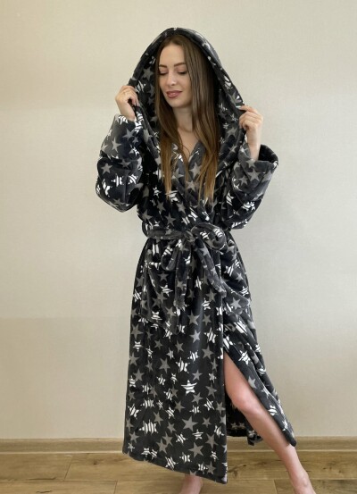 Халат флісовий з капюшоном - XL, довжина 125 см. "Зірки"