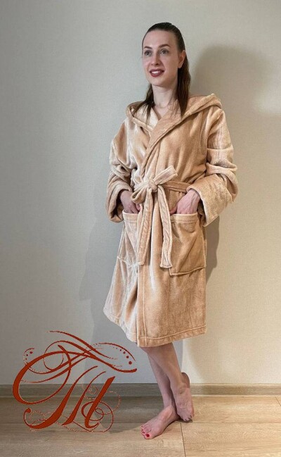 Халат флісовий з капюшоном - L, довжина 125 см. "Бежевий"