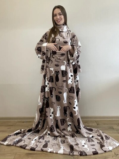 Плед з рукавами "Котики з кавою"